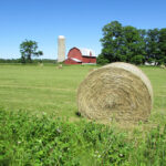 A farm in Escanaba, Michigan, featuring a hay bale in a field, surrounded by green pastures and a clear blue sky.