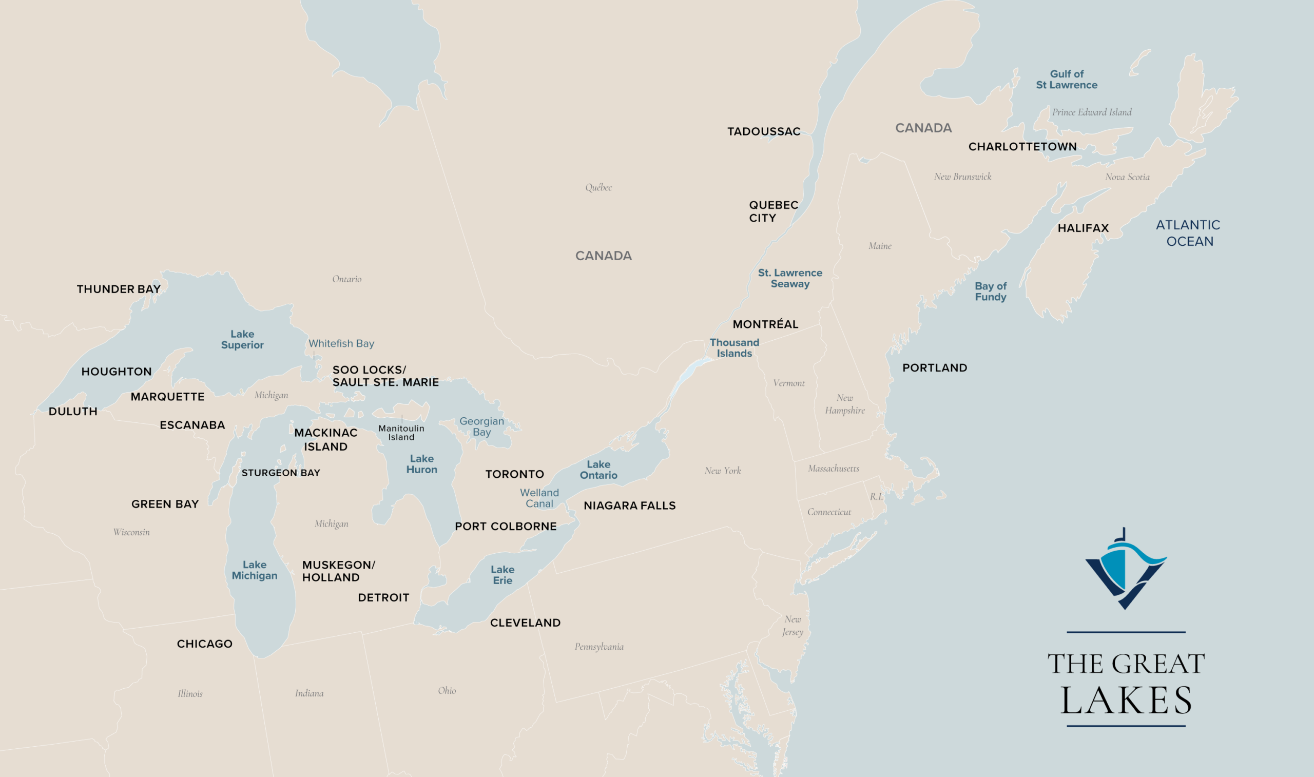 An interactive map of various Great Lakes ports where Victory Cruise Lines sails from.