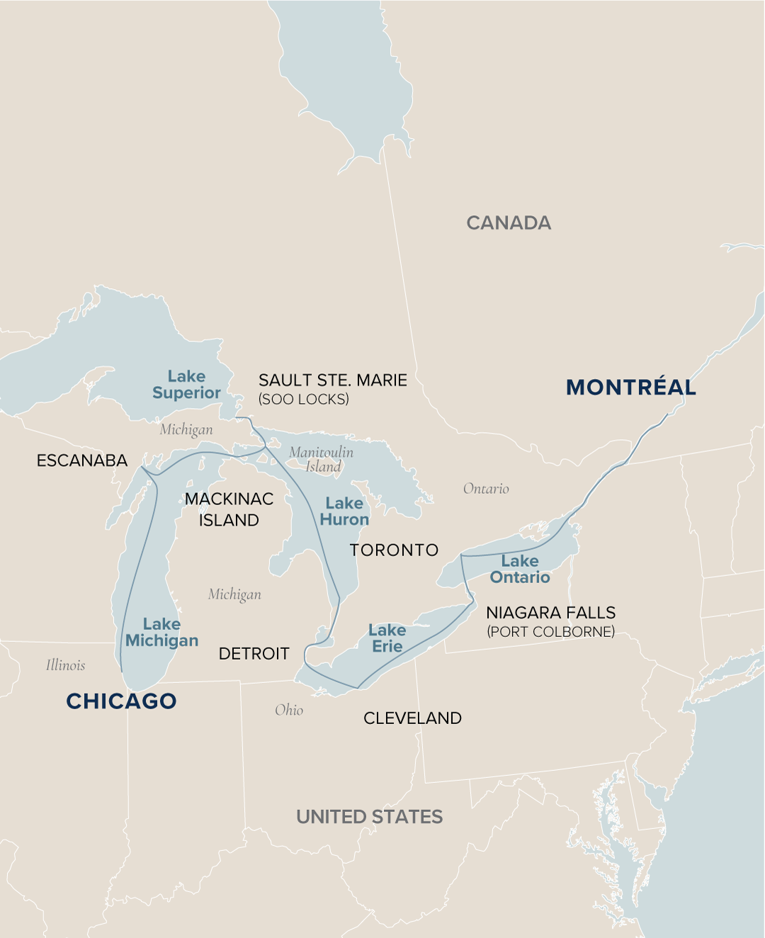 An interactive map of the Chicago to Montréal voyage ports where Victory Cruise Lines sails from.