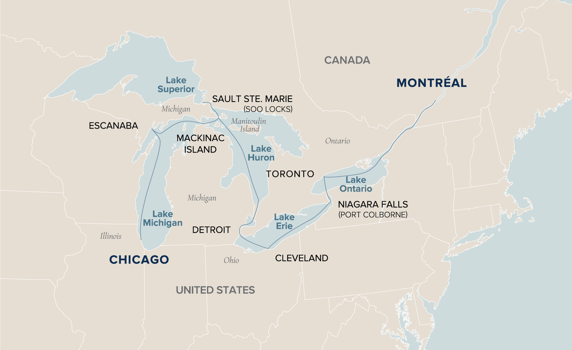 An interactive map of the Chicago to Montréal voyage ports where Victory Cruise Lines sails from.