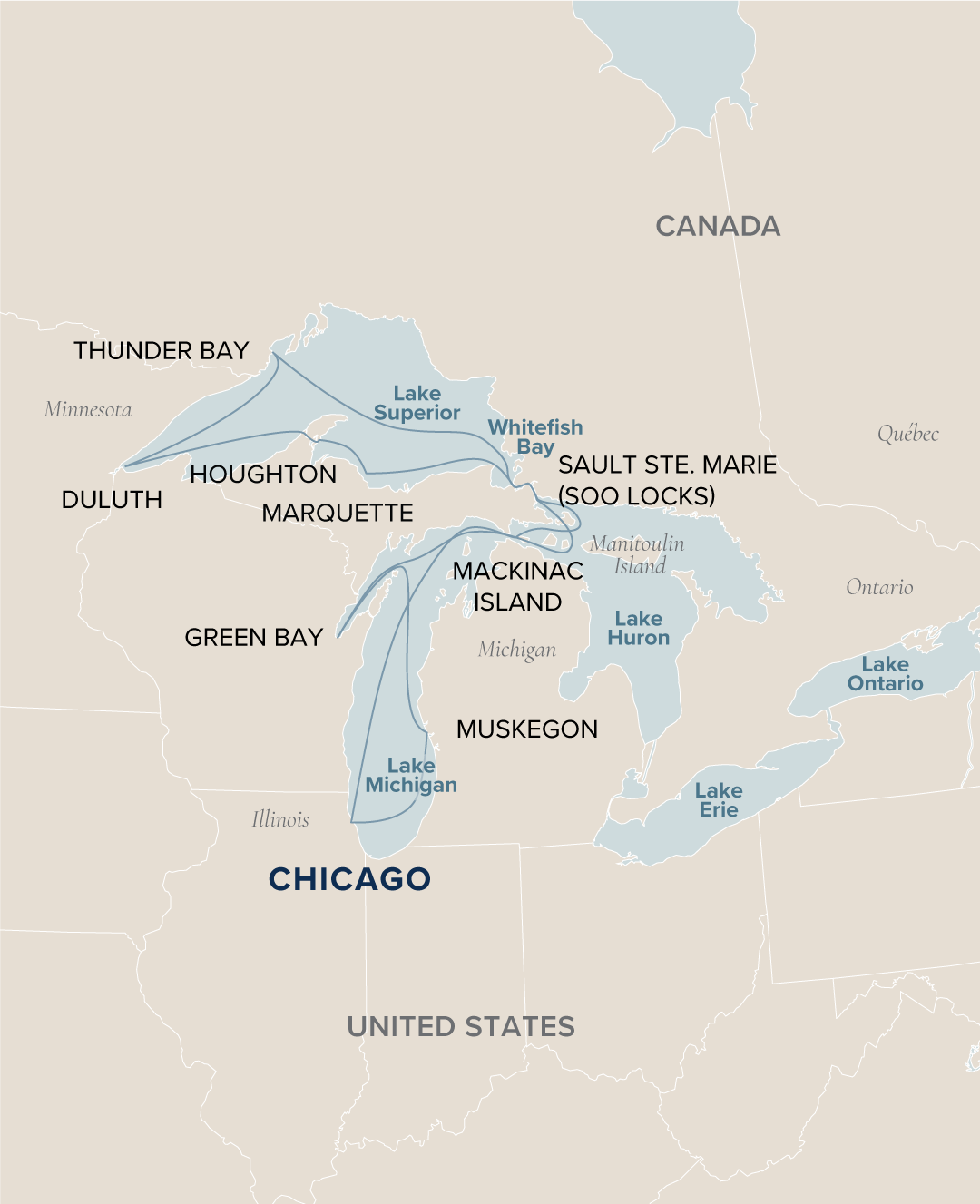 An interactive map of the Chicago Roundtrip voyage ports where Victory Cruise Lines sails from.