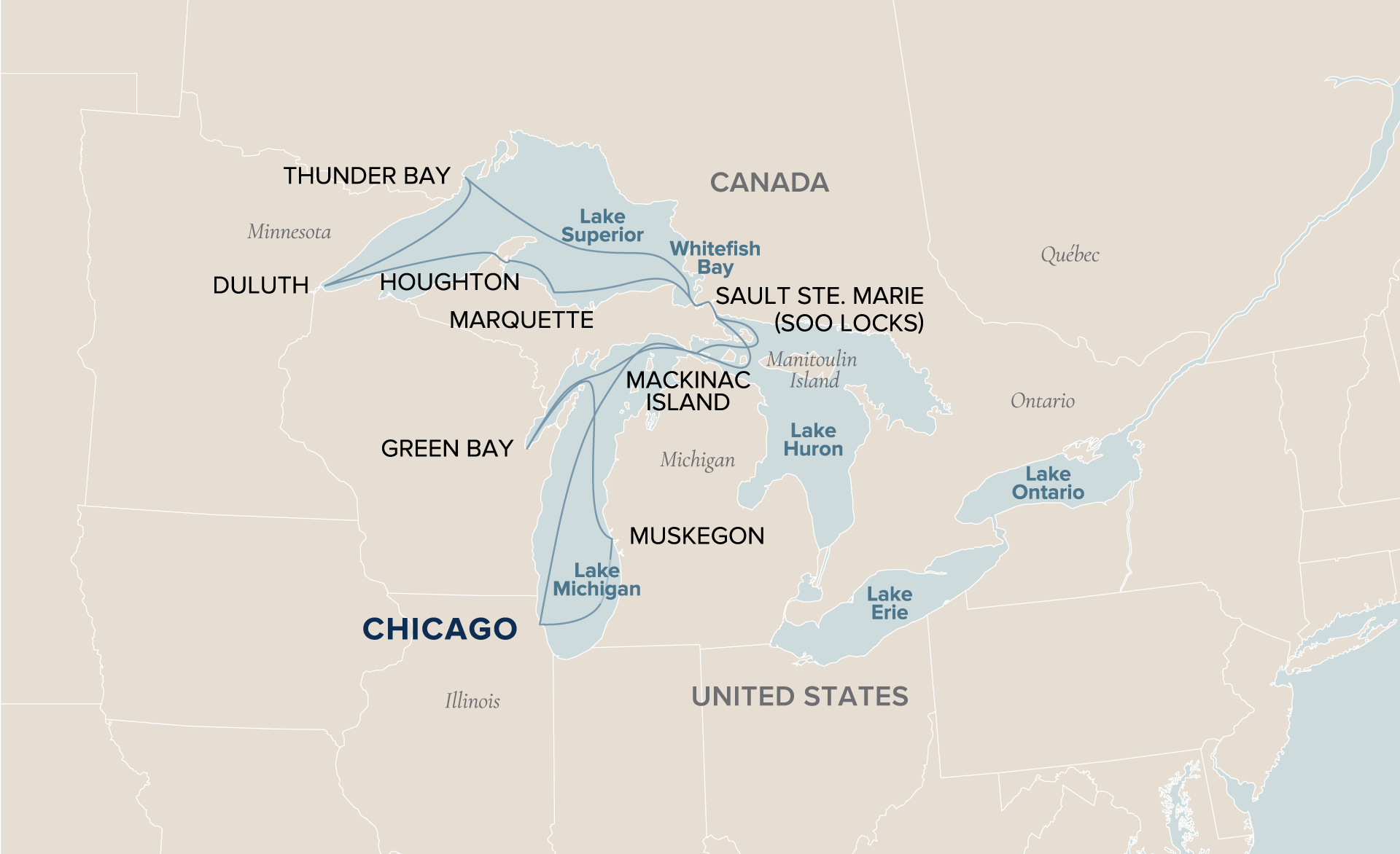 An interactive map of the Chicago Roundtrip voyage ports where Victory Cruise Lines sails from.