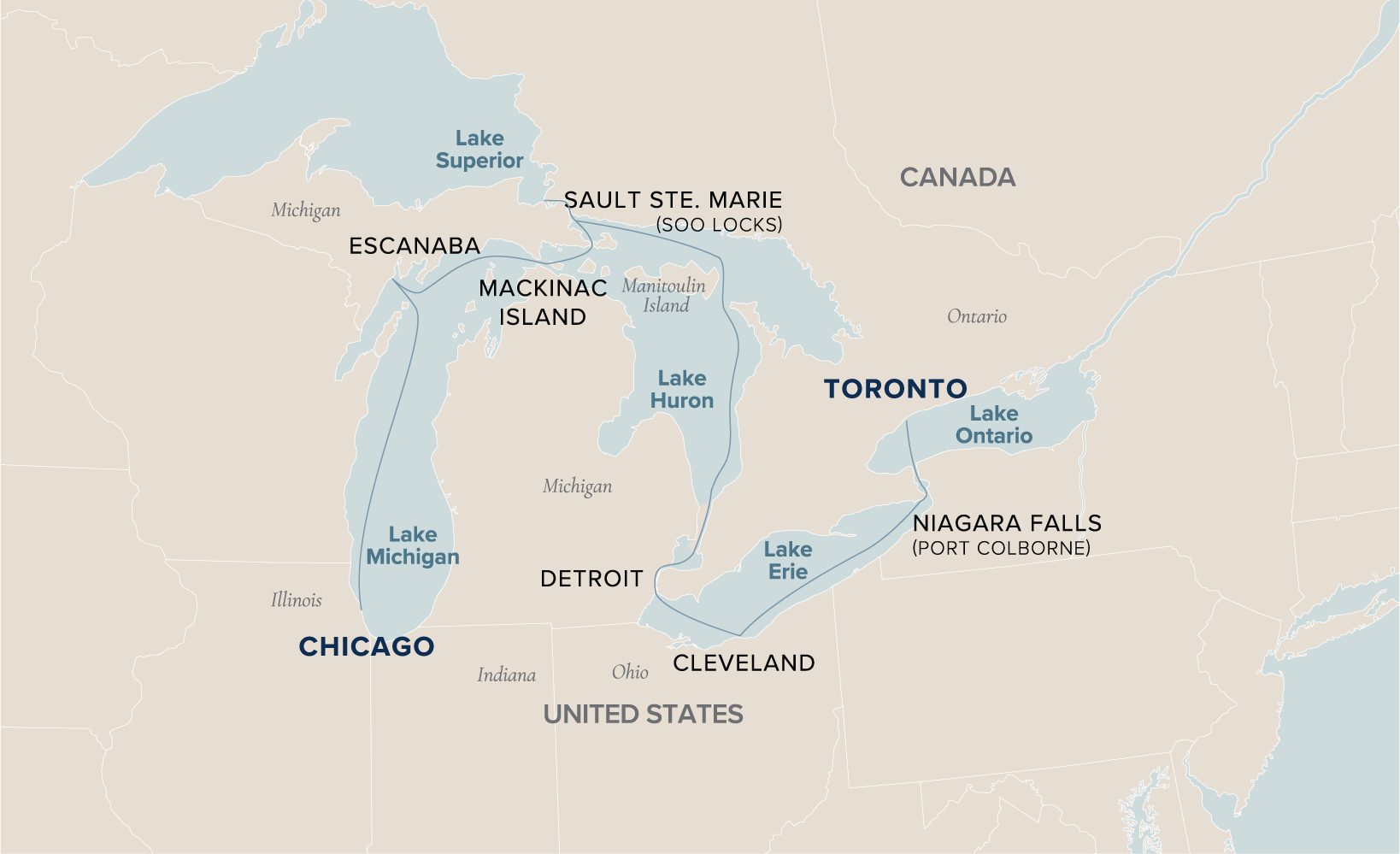 An interactive map of the Chicago to Toronto voyage ports where Victory Cruise Lines sails from.