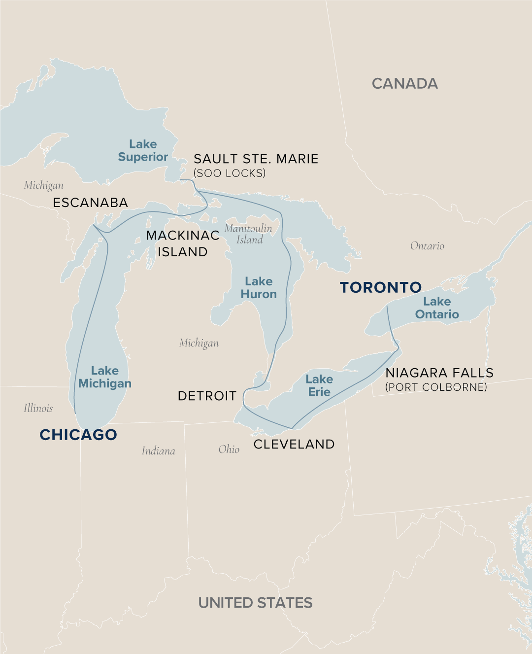 An interactive map of the Chicago to Toronto voyage ports where Victory Cruise Lines sails from.