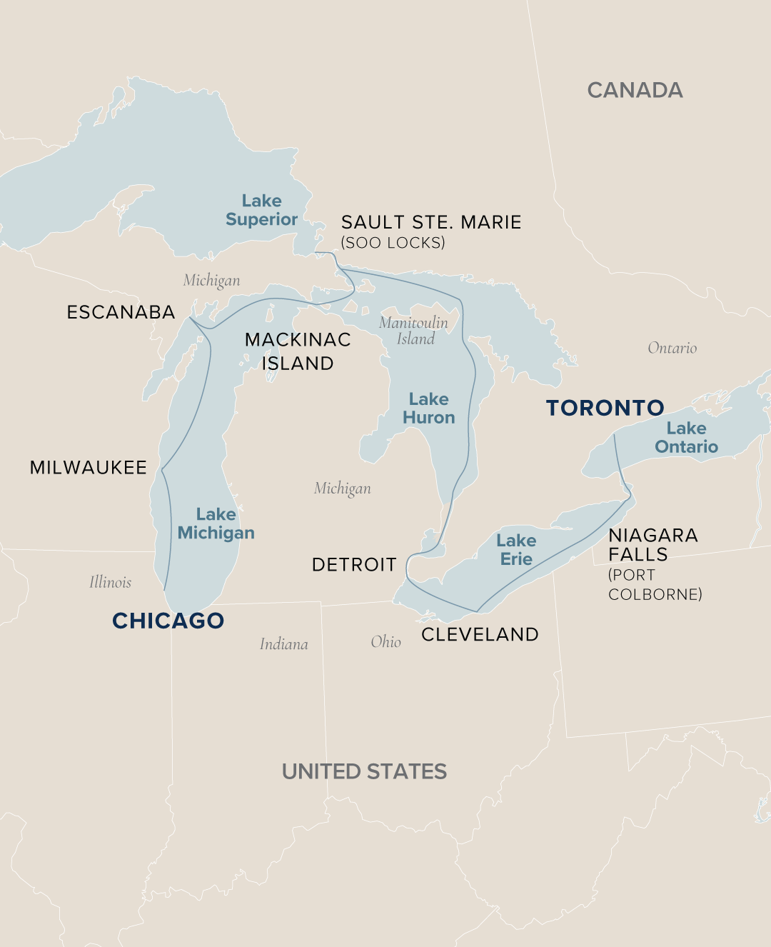 An interactive map of the Milwaukee to Toronto voyage ports where Victory Cruise Lines sails from.