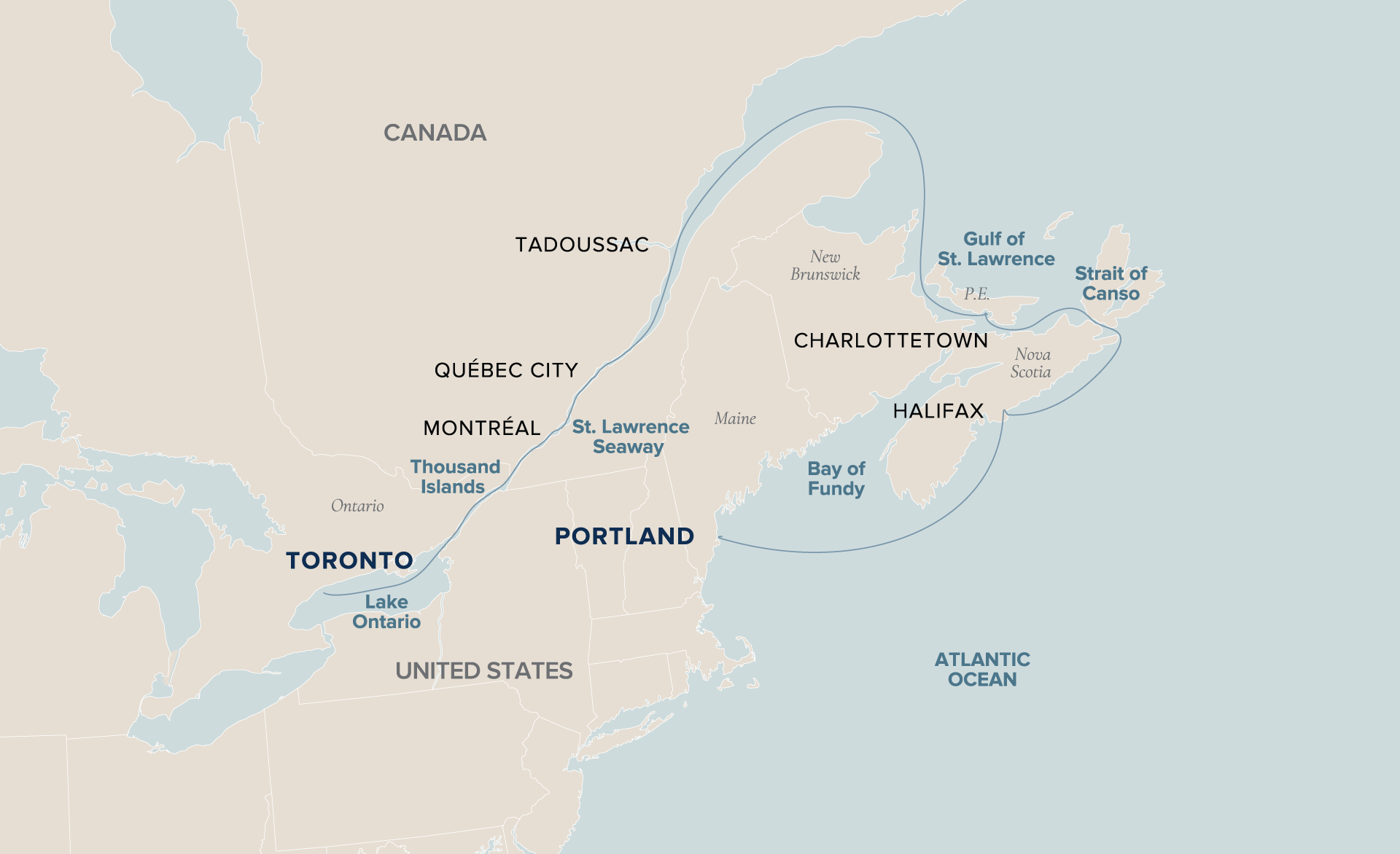 An interactive map of the Portland to Toronto voyage ports where Victory Cruise Lines sails from.