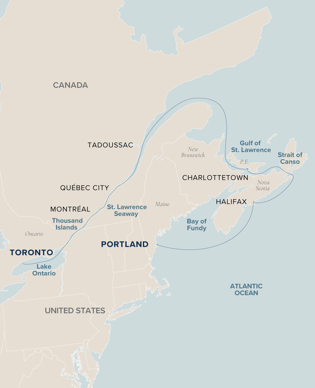 An interactive map of the Portland to Toronto voyage ports where Victory Cruise Lines sails from.