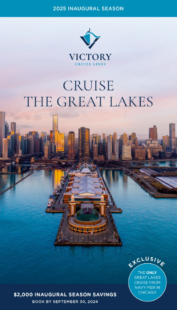 A picture of the Victory Great Lakes Cruise brochure, displaying a scenic cover image of the Great Lakes.