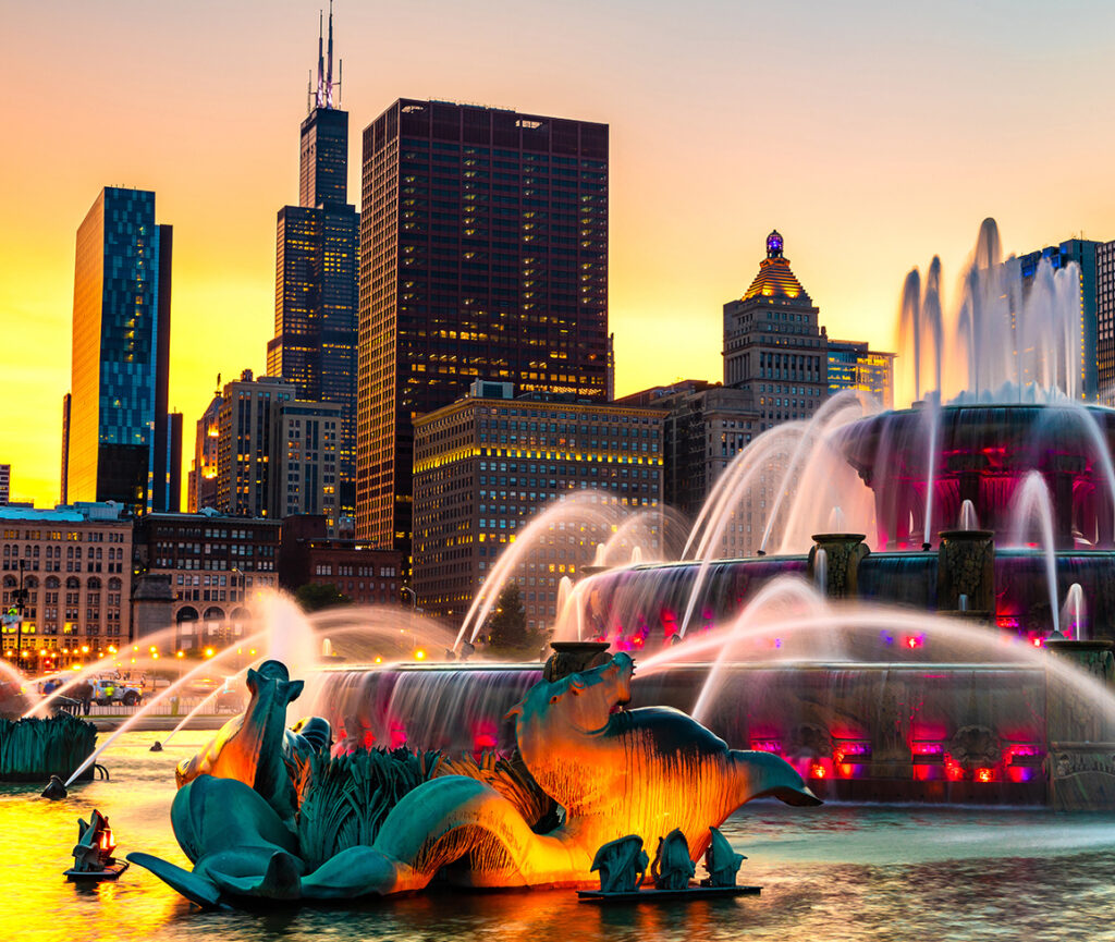 A picture of the Clarence F. Buckingham Fountain in Chicago, featuring its ornate design with water jets and sculptures.