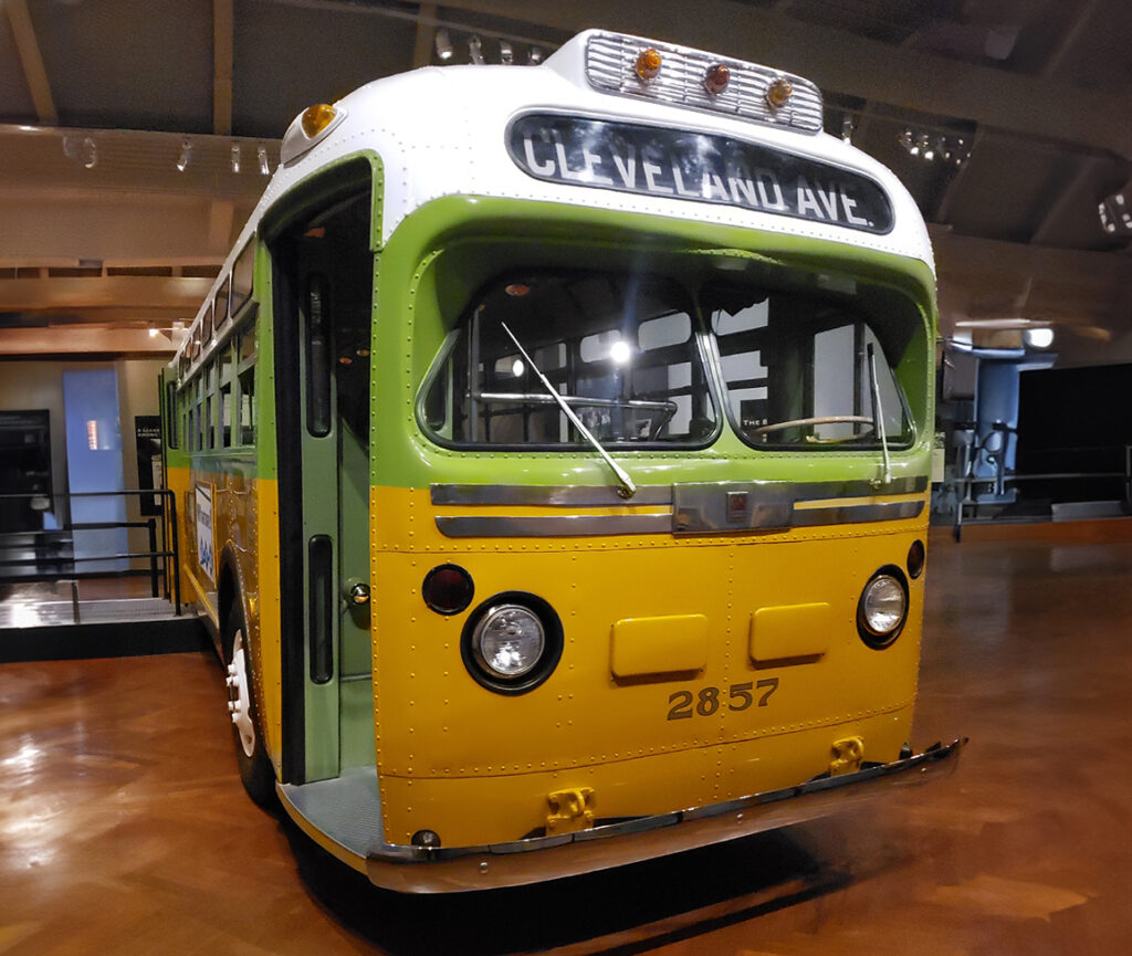 The Rosa Parks bus at the Henry Ford Museum of American History, showcasing its historical significance.