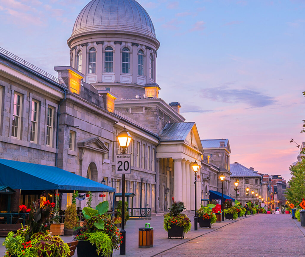 A charming view of Old Montreal, featuring cobblestone streets and historic buildings.