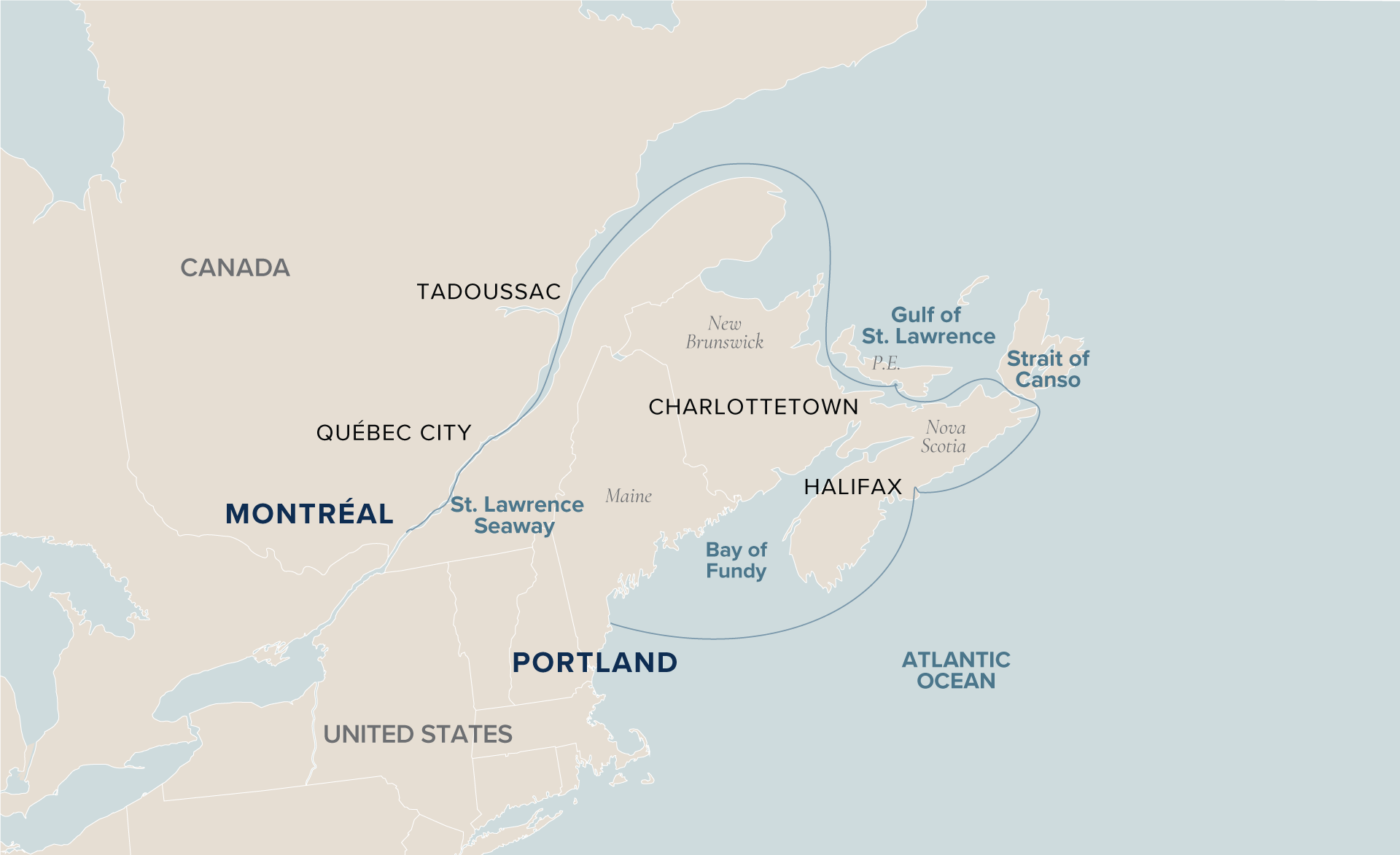 An interactive map of the Montréal to Portland voyage ports where Victory Cruise Lines sails from.