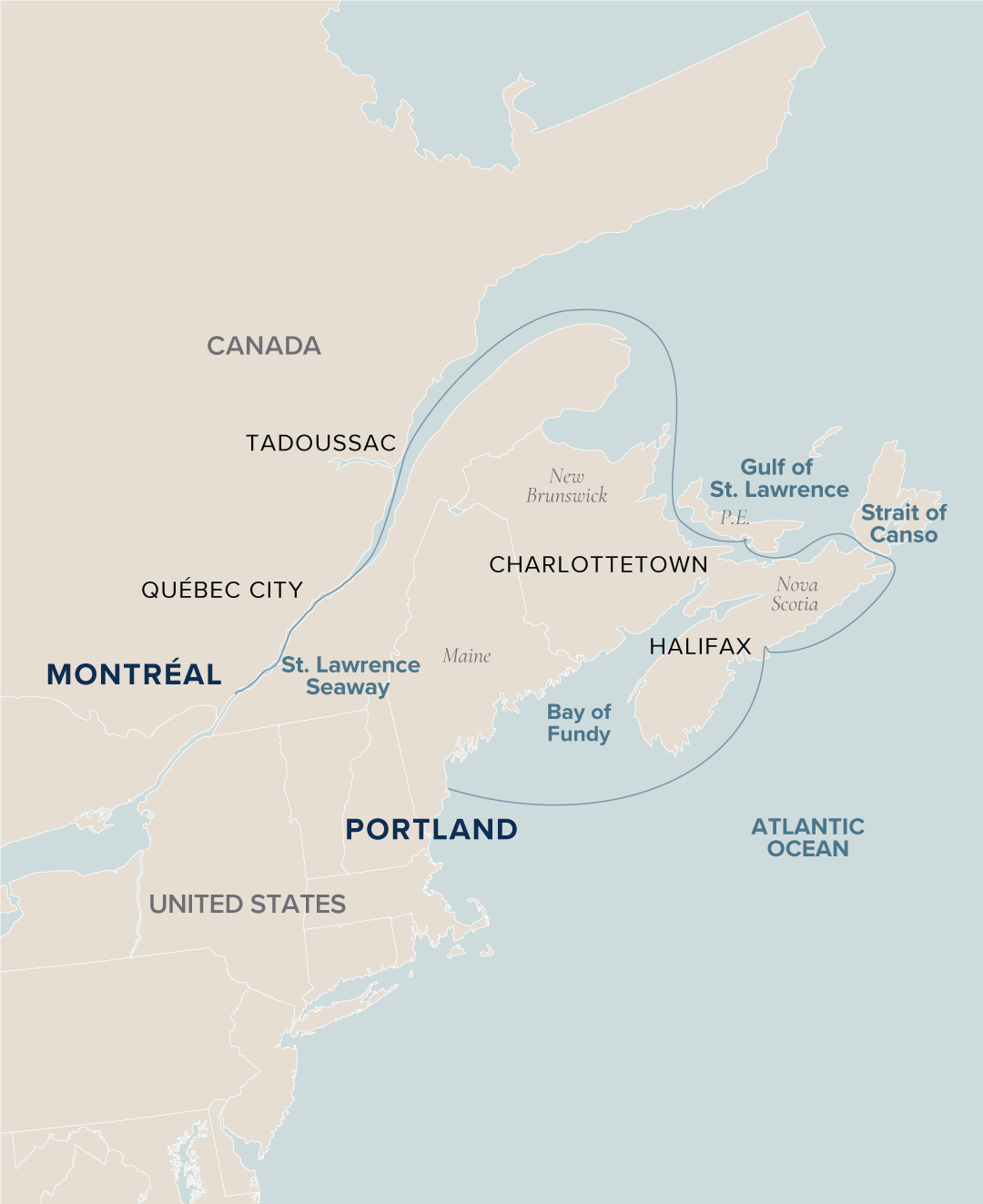 An interactive map of the Montréal to Portland voyage ports where Victory Cruise Lines sails from.