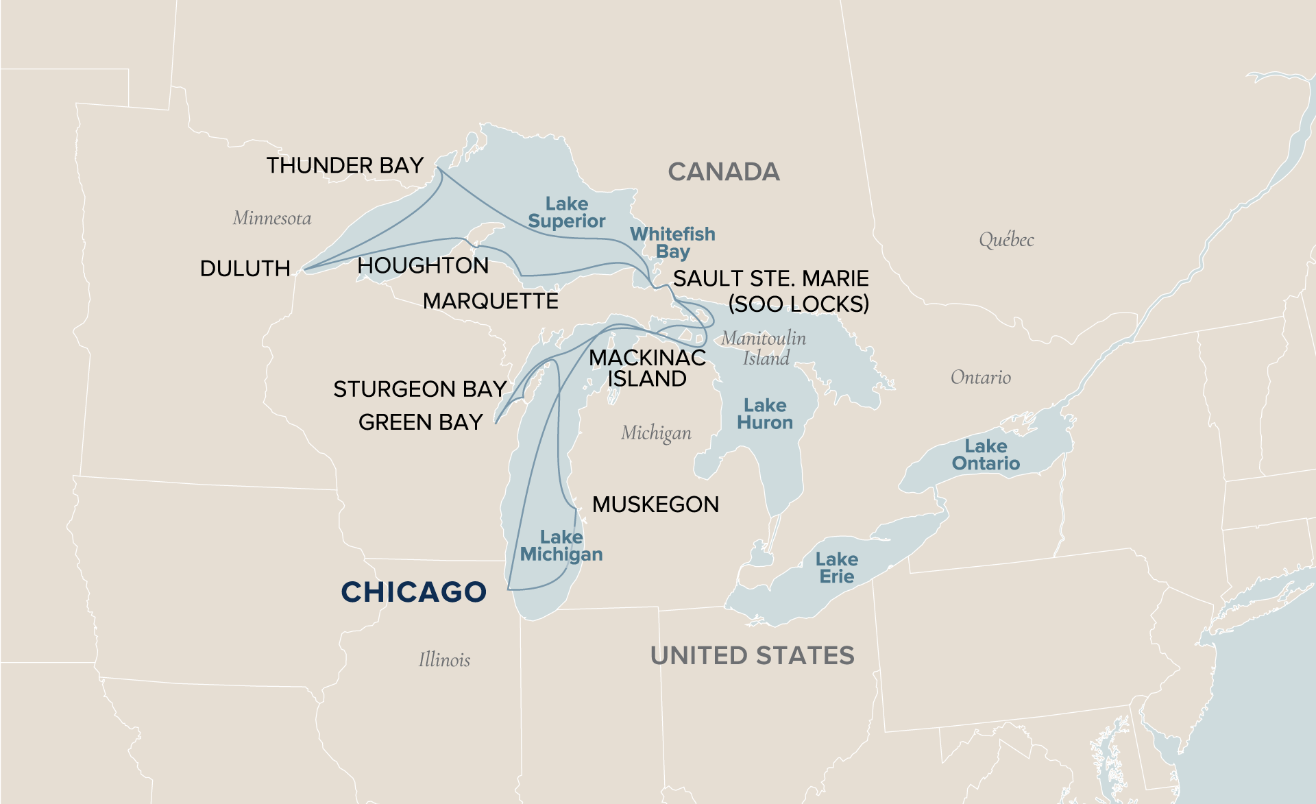 An interactive map of the Chicago Roundtrip voyage ports where Victory Cruise Lines sails from.