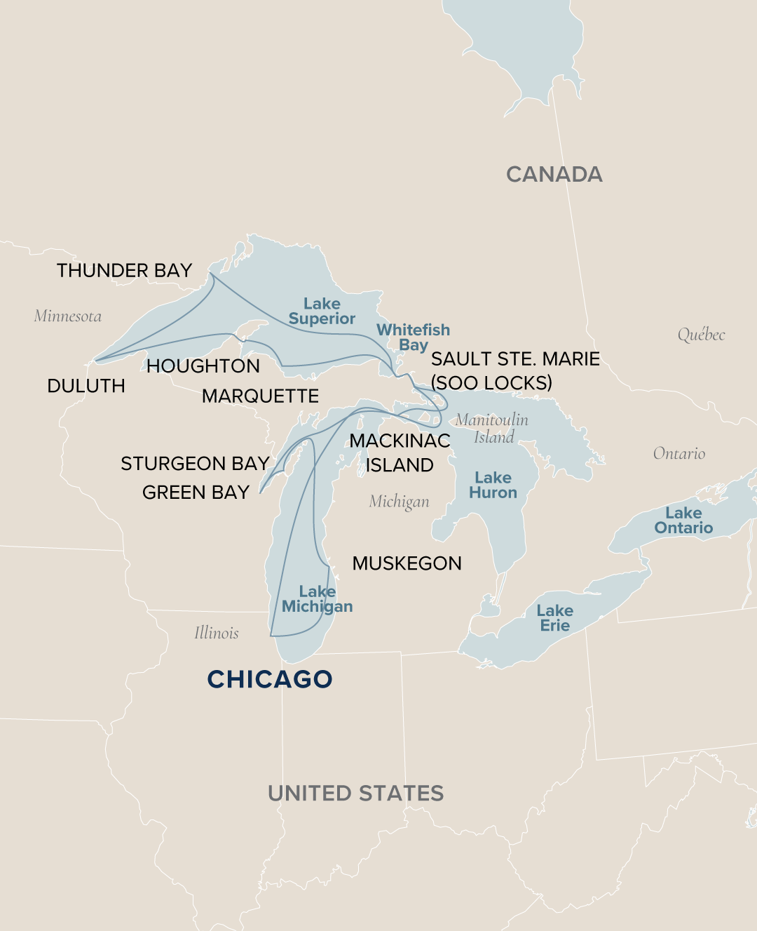 An interactive map of the Chicago Roundtrip voyage ports where Victory Cruise Lines sails from.