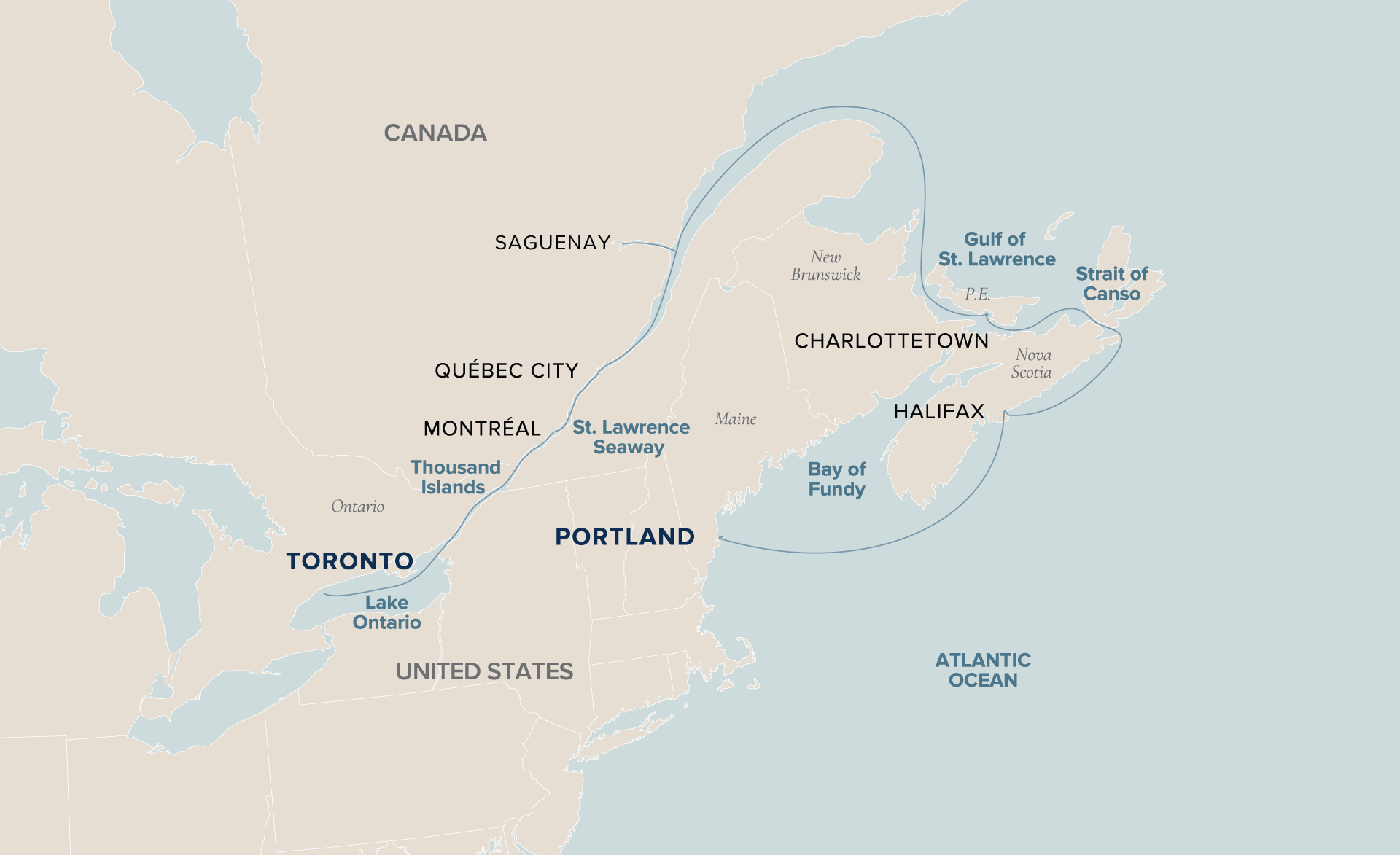 An interactive map of the Portland to Toronto voyage ports where Victory Cruise Lines sails from.