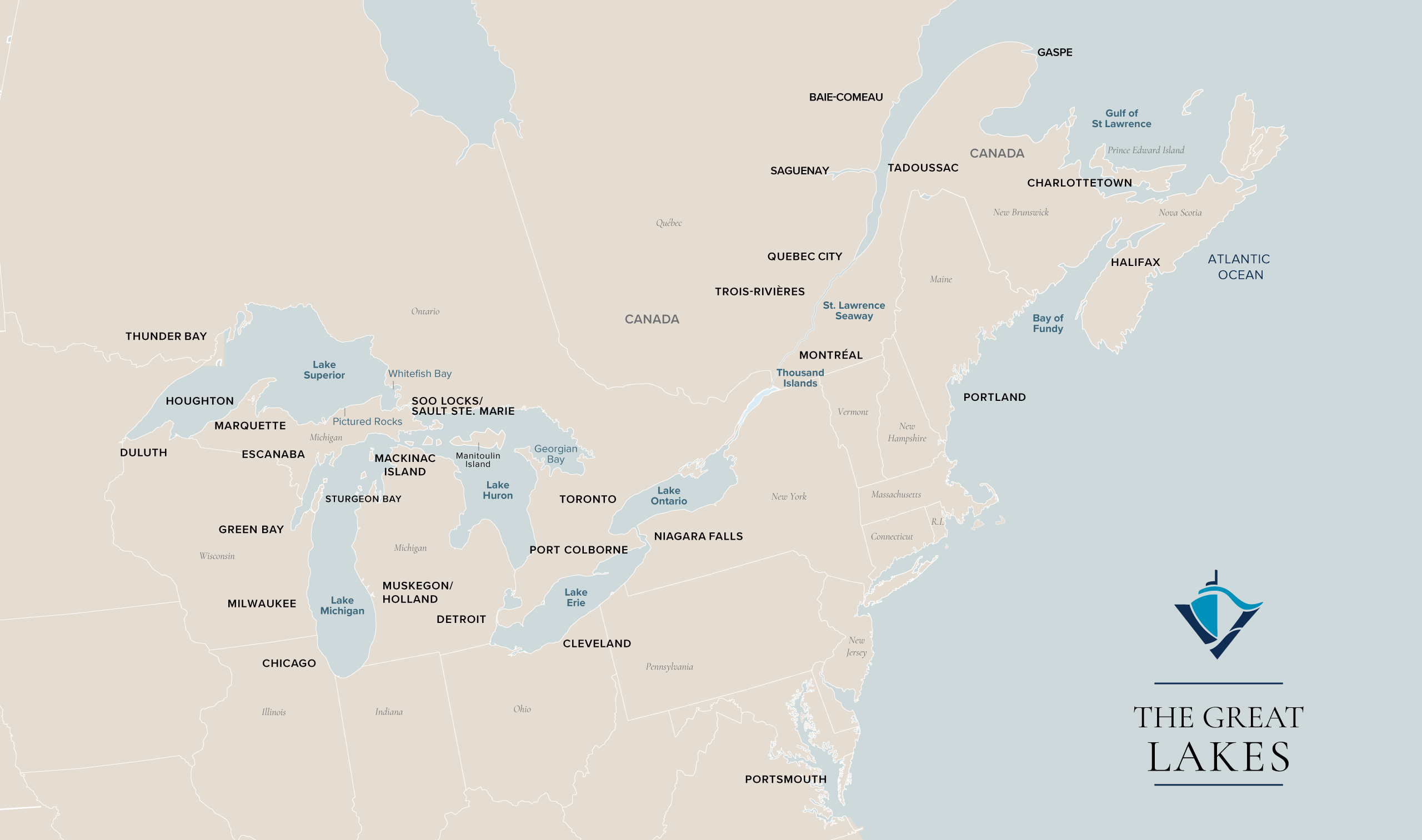 An interactive map of various Great Lakes ports where Victory Cruise Lines sails from.